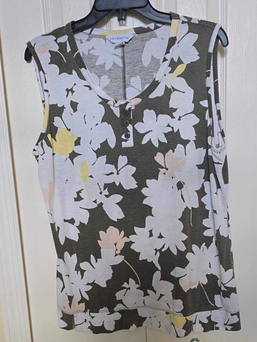 Liz Claiborne Olive Floral Sleeveless Henley Tank with White & Pastel Accents